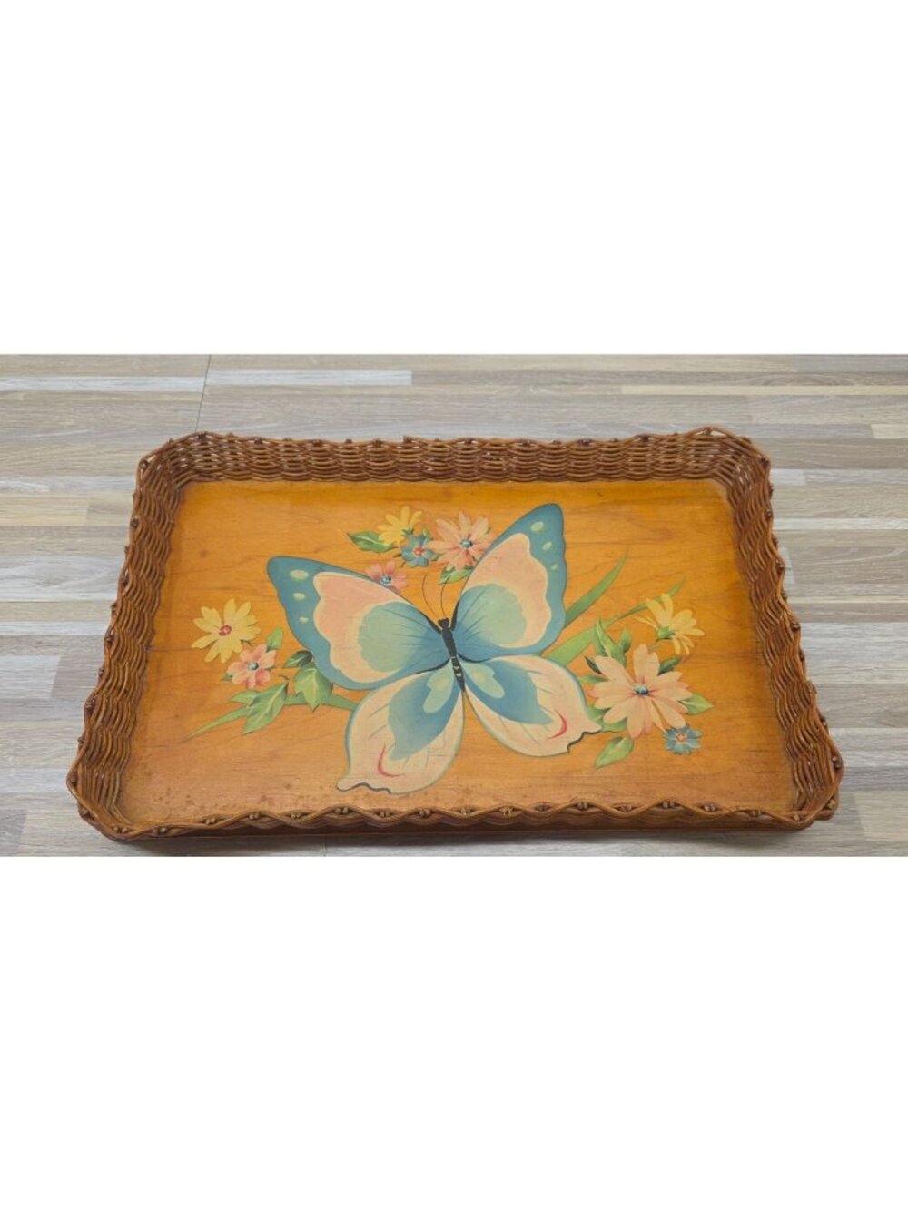 Vintage MCM Retro Wooden Butterfly Floral Serving Tray w Wicker Border Decor